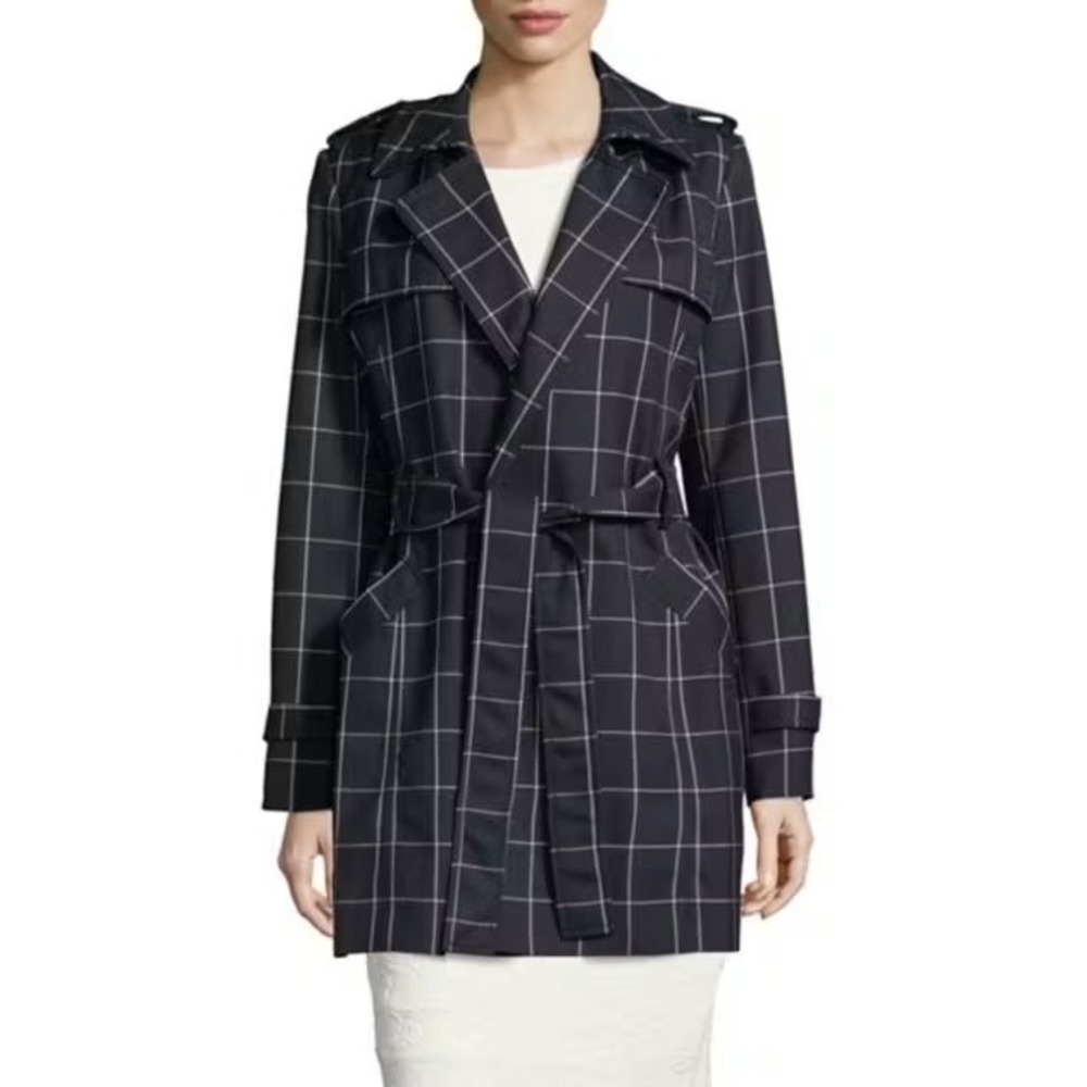 Tommy Hilfiger Navy Plaid Trench Coat Windowpane Belted Jacket Size 8